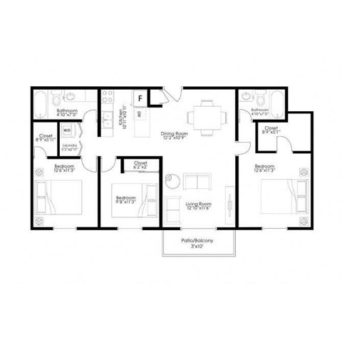 Floor plan for 3 beds, 2 baths, 1200 sqft