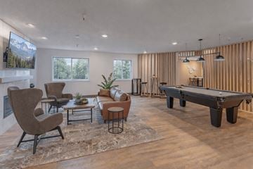 St Cloud apartment for rent - A living room with a pool table and a fireplace.