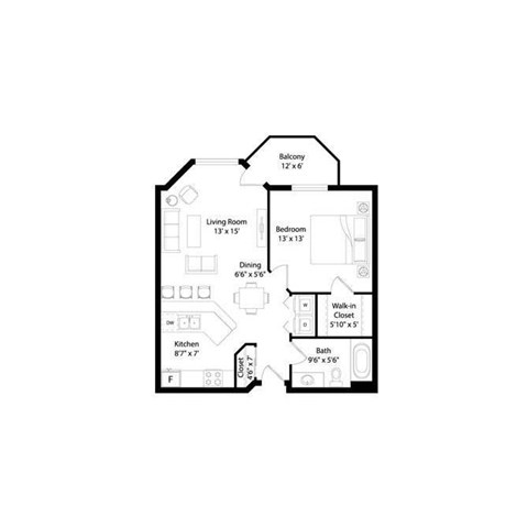 Floor plan for 1 bed, 1 bath, 700 sqft