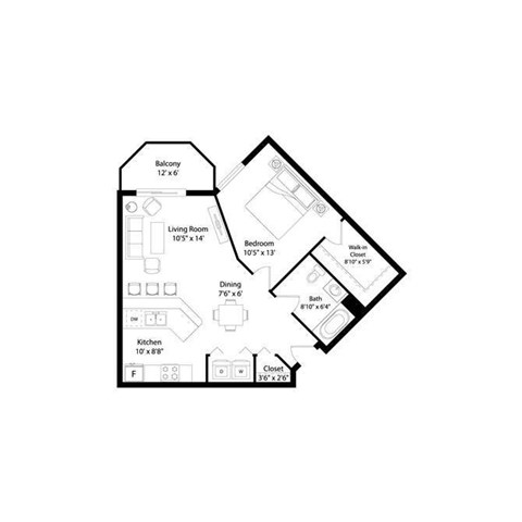 Floor plan for 1 bed, 1 bath, 760 sqft