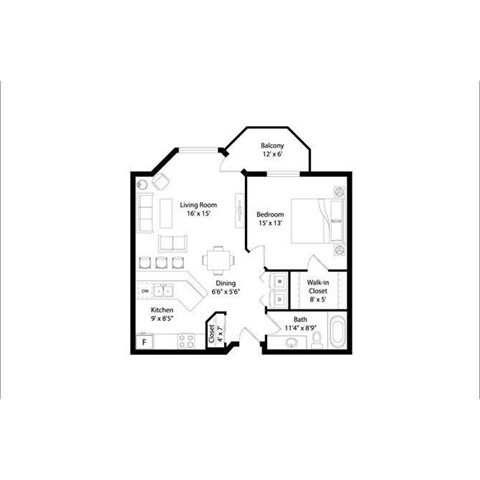 Floor plan for 1 bed, 1 bath, 800 sqft