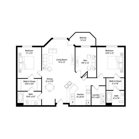 Floor plan for 2 beds, 2 baths, 1200 sqft