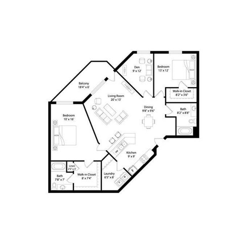Floor plan for 2 beds, 2 baths, 1229 sqft