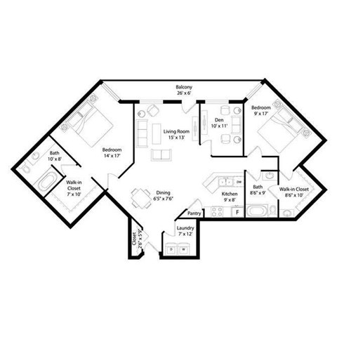 Floor plan for 2 beds, 2 baths, 1500 sqft