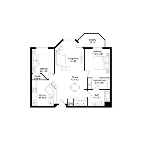 Floor plan for 2 beds, 1 bath, 875 sqft