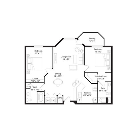 Floor plan for 2 beds, 1.5 baths, 940 sqft