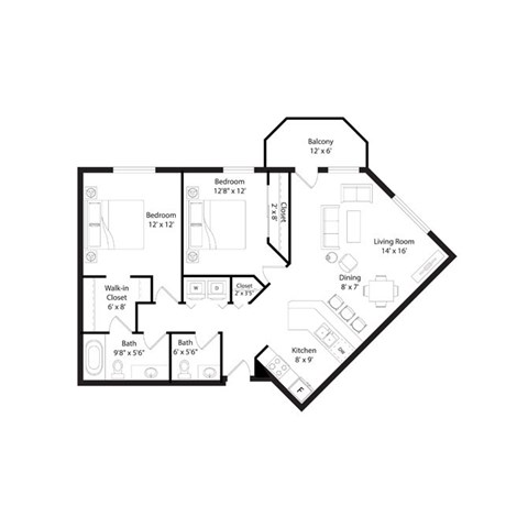 Floor plan for 2 beds, 2 baths, 975 sqft