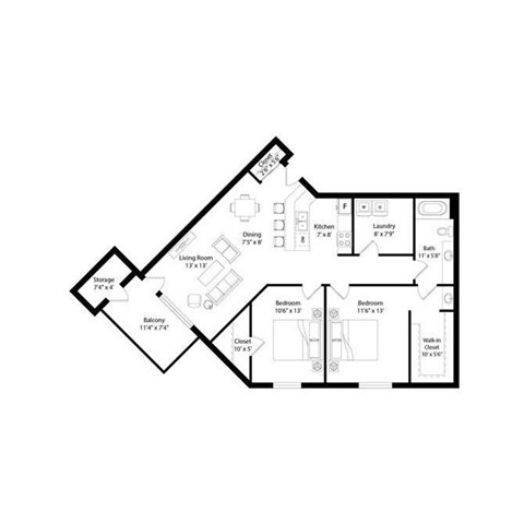 Floor plan for 2 beds, 1 bath, 998 sqft