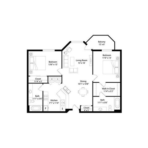 Floor plan for 2 beds, 2 baths, 1015 sqft