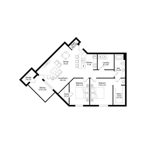 Floor plan for 2 beds, 1.5 baths, 1050 sqft