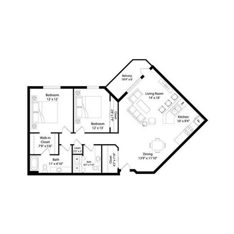 Floor plan for 2 beds, 1.5 baths, 1135 sqft