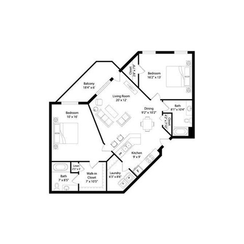 Floor plan for 2 beds, 2 baths, 1154 sqft