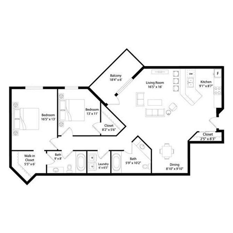 Floor plan for 2 beds, 2 baths, 1167 sqft