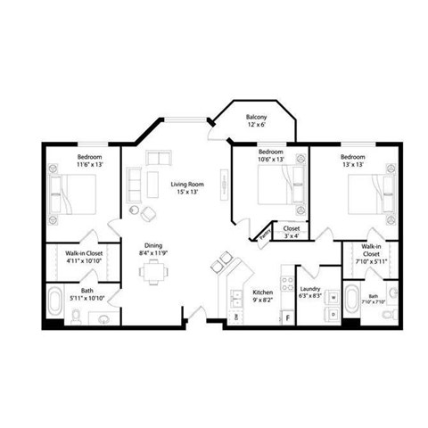 Floor plan for 3 beds, 2 baths, 1275 sqft