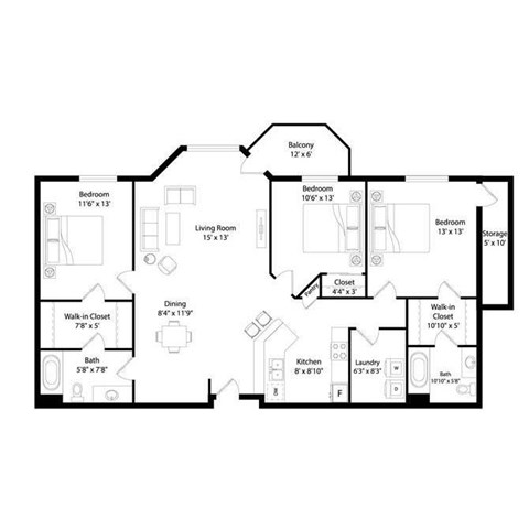 Floor plan for 3 beds, 2 baths, 1325 sqft