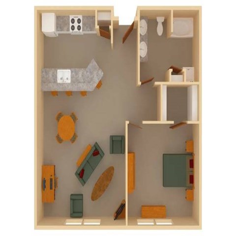 Floor plan for 1 bed, 1 bath, 912 sqft