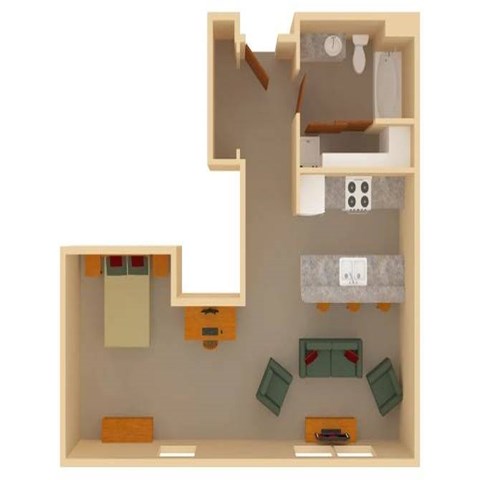 Floor plan for studio, 1 bath, 674 sqft