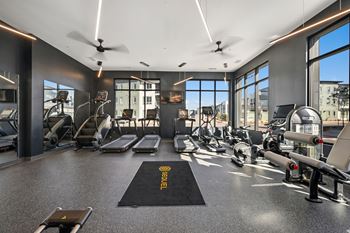 Fitness center with cardio equipment and large windows