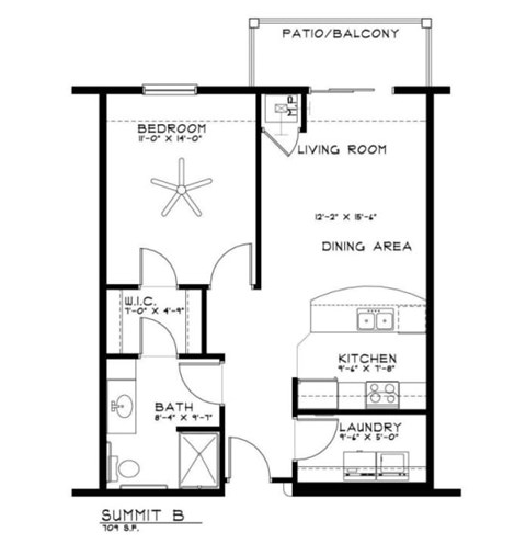 Floor plan for 1 bed, 1 bath, 709 sqft