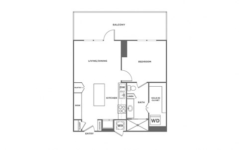 Floor plan for 1 bed, 1 bath, 723 sqft
