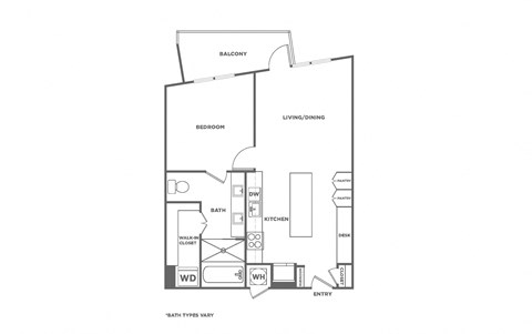 Floor plan for 1 bed, 1 bath, 893 sqft