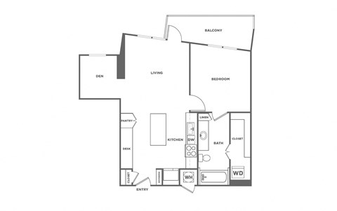 Floor plan for 1 bed, 1 bath, 864 sqft