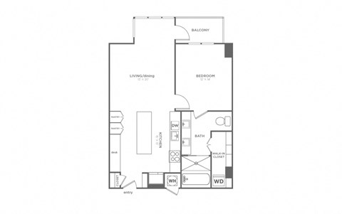 Floor plan for 1 bed, 1 bath, 922 sqft