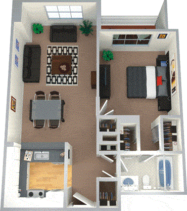 Floor plan for 1 bed, 1 bath, 669 sqft