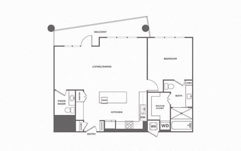 Floor plan for 1 bed, 1.5 baths, 1069 sqft