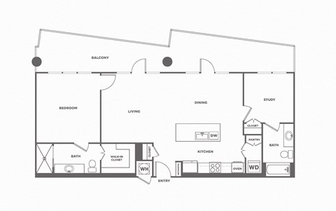 Floor plan for 1 bed, 2 baths, 1181 sqft