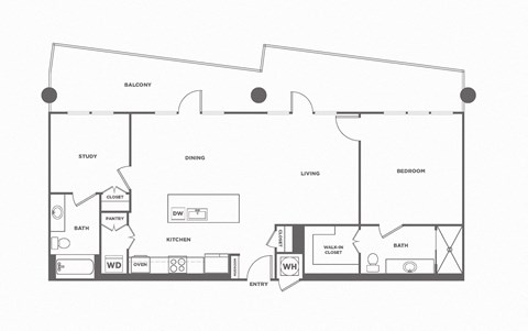 Floor plan for 1 bed, 2 baths, 1181 sqft
