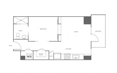 Floor plan for studio, 1 bath, 636 sqft