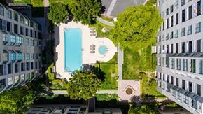 San Francisco apartment for rent - A swimming pool is surrounded by trees and grass in a courtyard.