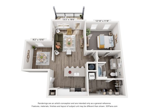 Floor plan for 1 bed, 1 bath, 913 sqft