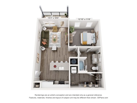 Floor plan for 1 bed, 1 bath, 802 sqft