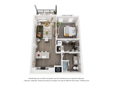 Floor plan for 1 bed, 1 bath, 706 sqft
