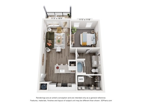 Floor plan for 1 bed, 1 bath, 705 sqft