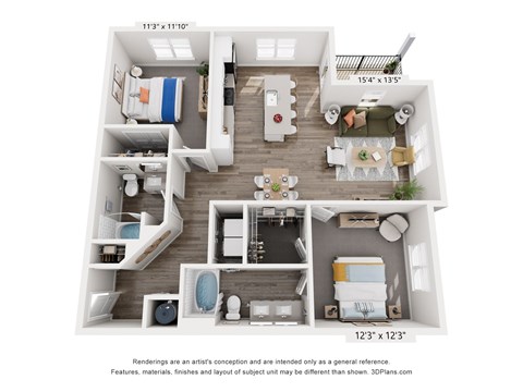 Floor plan for 2 beds, 2 baths, 1191 sqft