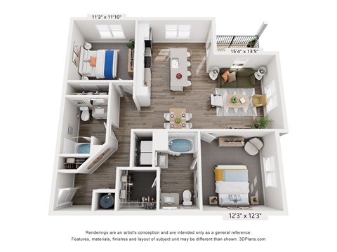 Floor plan for 2 beds, 2 baths, 1191 sqft