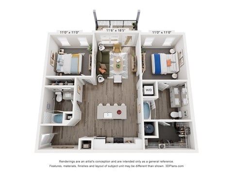 Floor plan for 2 beds, 2 baths, 1026 sqft