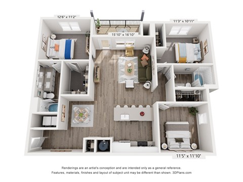 Floor plan for 3 beds, 2 baths, 1384 sqft
