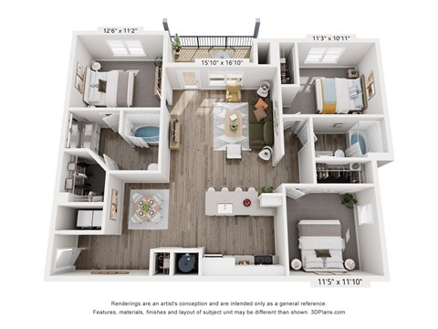 Floor plan for 3 beds, 2 baths, 1384 sqft