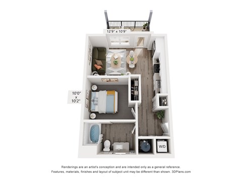 Floor plan for studio, 1 bath, 584 sqft