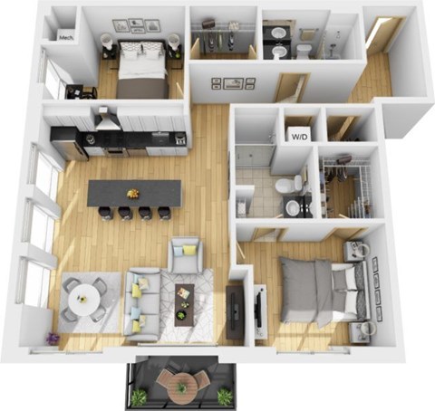 Floor plan for 2 beds, 2 baths, 1067 sqft
