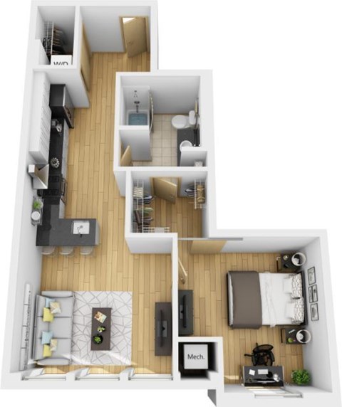 Floor plan for 1 bed, 1 bath, 684 sqft
