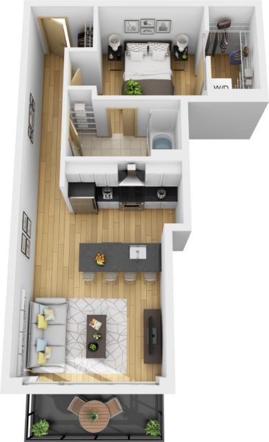 Floor plan for 1 bed, 1 bath, 579 sqft