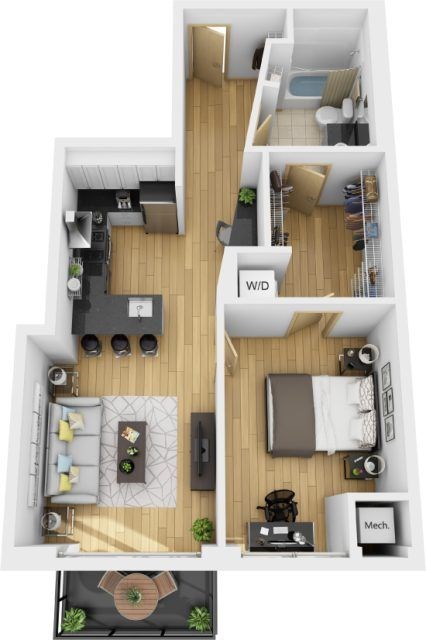 Floor plan for 1 bed, 1 bath, 683 sqft