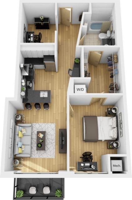 Floor plan for 1 bed, 1 bath, 759 sqft
