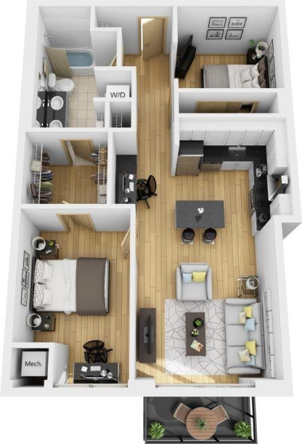 Floor plan for 2 beds, 1 bath, 831 sqft