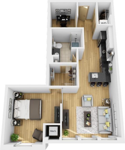 Floor plan for 1 bed, 1 bath, 721 sqft